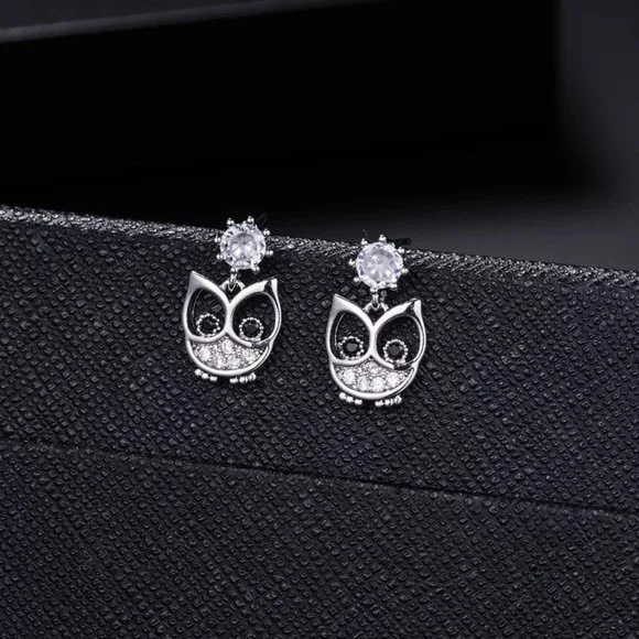 14k Gold Adorable Diamond Owl Earrings Sterling Silver - Picture 6 of 9
